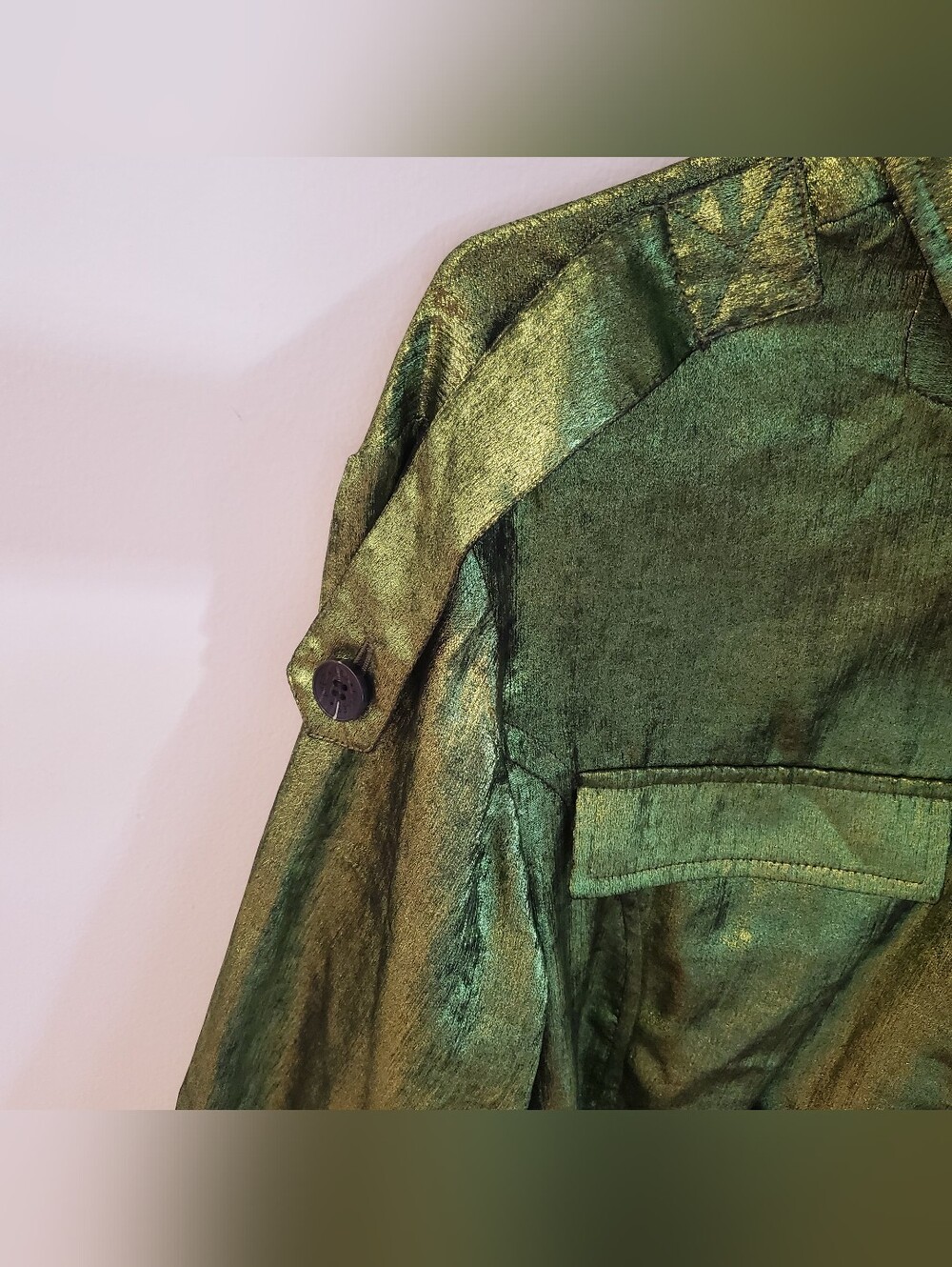 Avec Les Filles Green Metallic Shimmer Shiny Trench Coat Belted Size L - Picture 4 of 10
